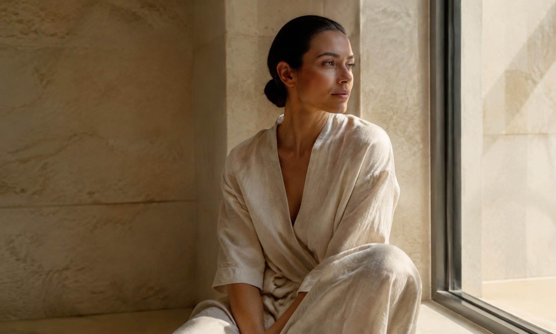 Femme sereine dans la lumière naturelle, univers Studio Confidence